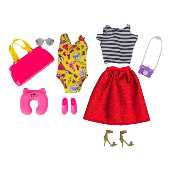 Barbie Pink Passport Clothes- Paris Red Metallic Skirt & Yellow Beach Swimsuit - Picture 1 of 5